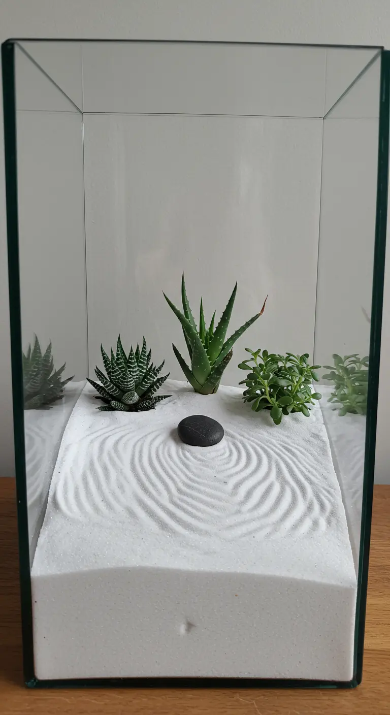 Terrarium rectangulaire avec jardin zen en sable blanc, trois succulentes et un galet noir.