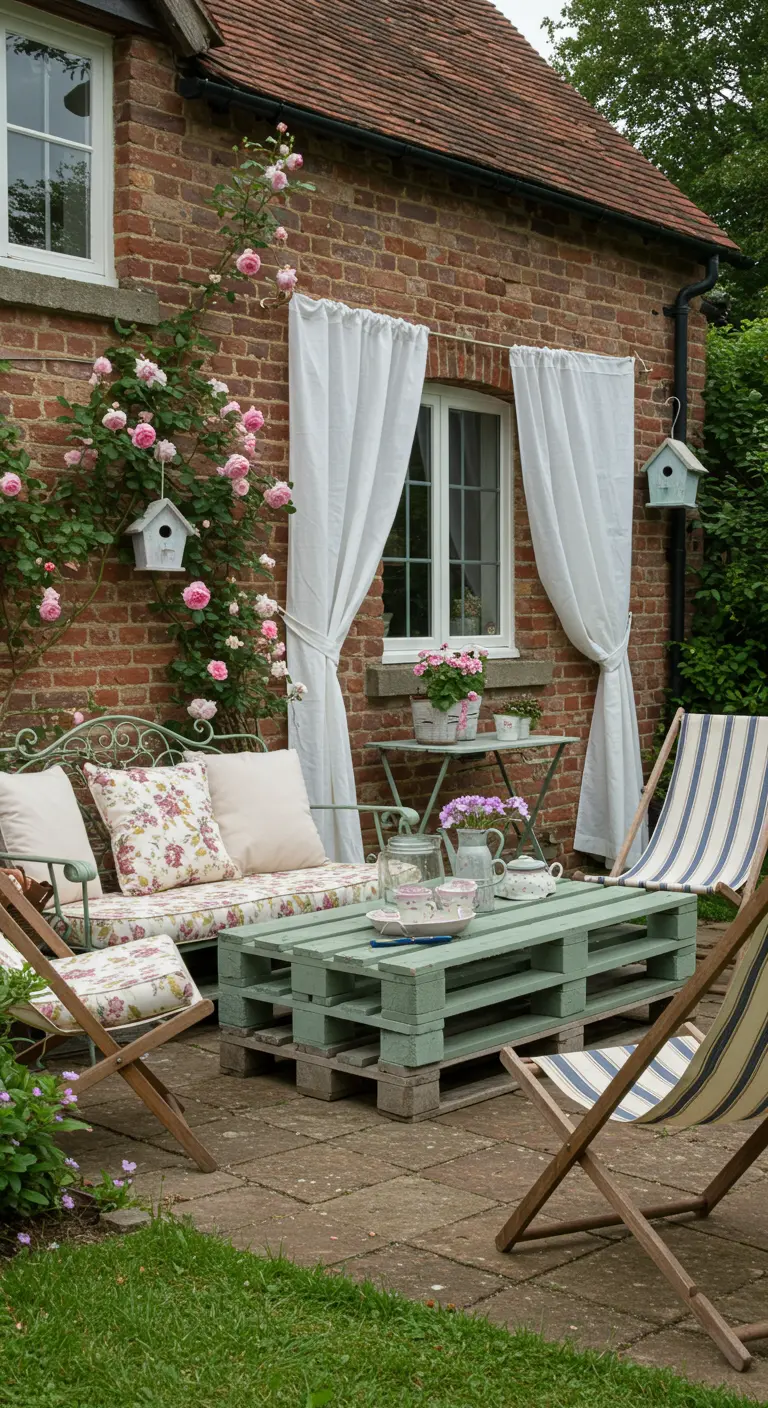 Coin salon extérieur avec palettes vert pastel, rosiers grimpants et rideaux blancs.