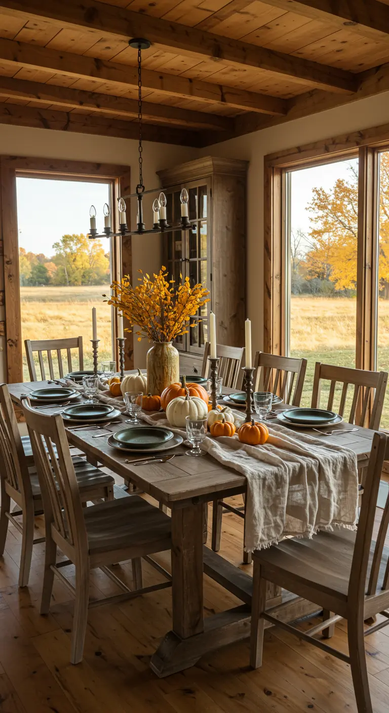 Table en bois rustique dressée pour l'automne devant une grande fenêtre donnant sur un paysage coloré.