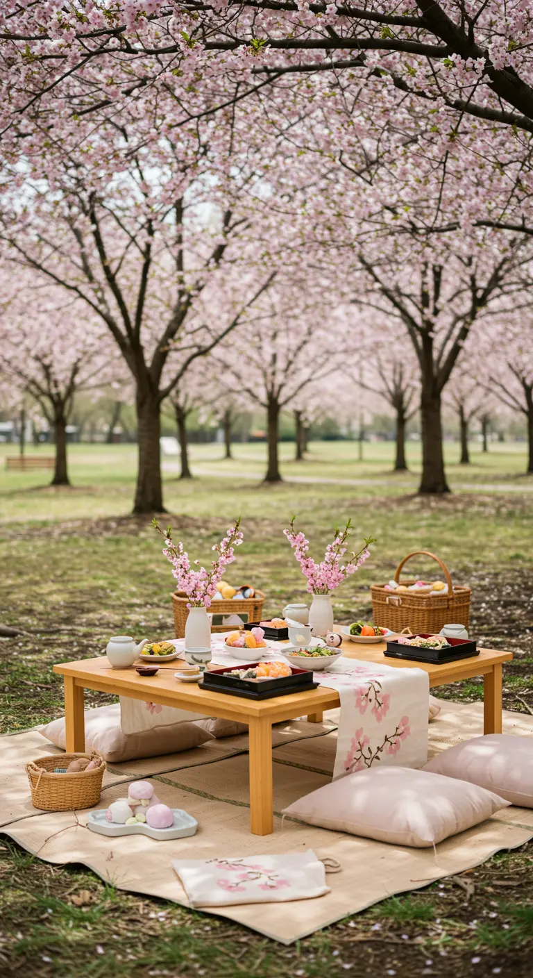 Chemin de table motif sakura, tables basses, coussins, pique-nique sous les cerisiers en fleurs.