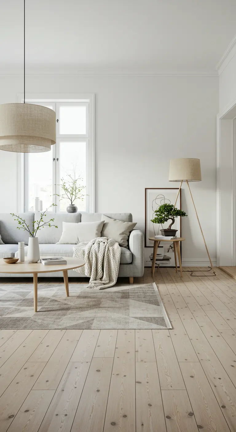Salon scandinave avec canapé gris, table basse en bois clair, plaid, coussins et plante verte miniature.