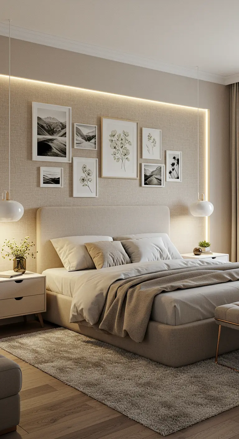 Mur texturé beige avec une composition de cadres clairs et des lumières LED intégrées.