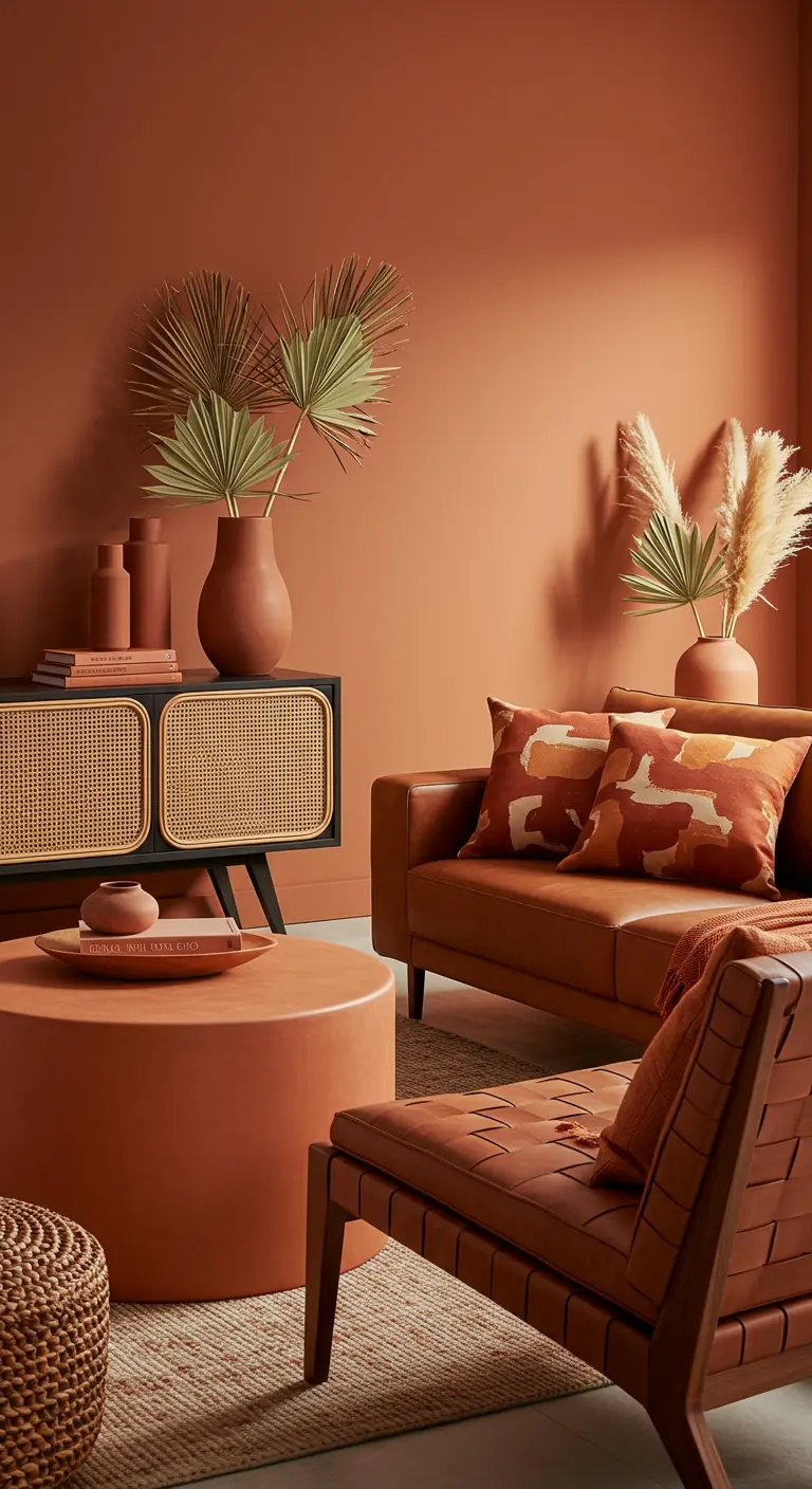 Salon aux tons terracotta avec canapé en cuir, mobilier en cannage et feuilles de palmier séchées.