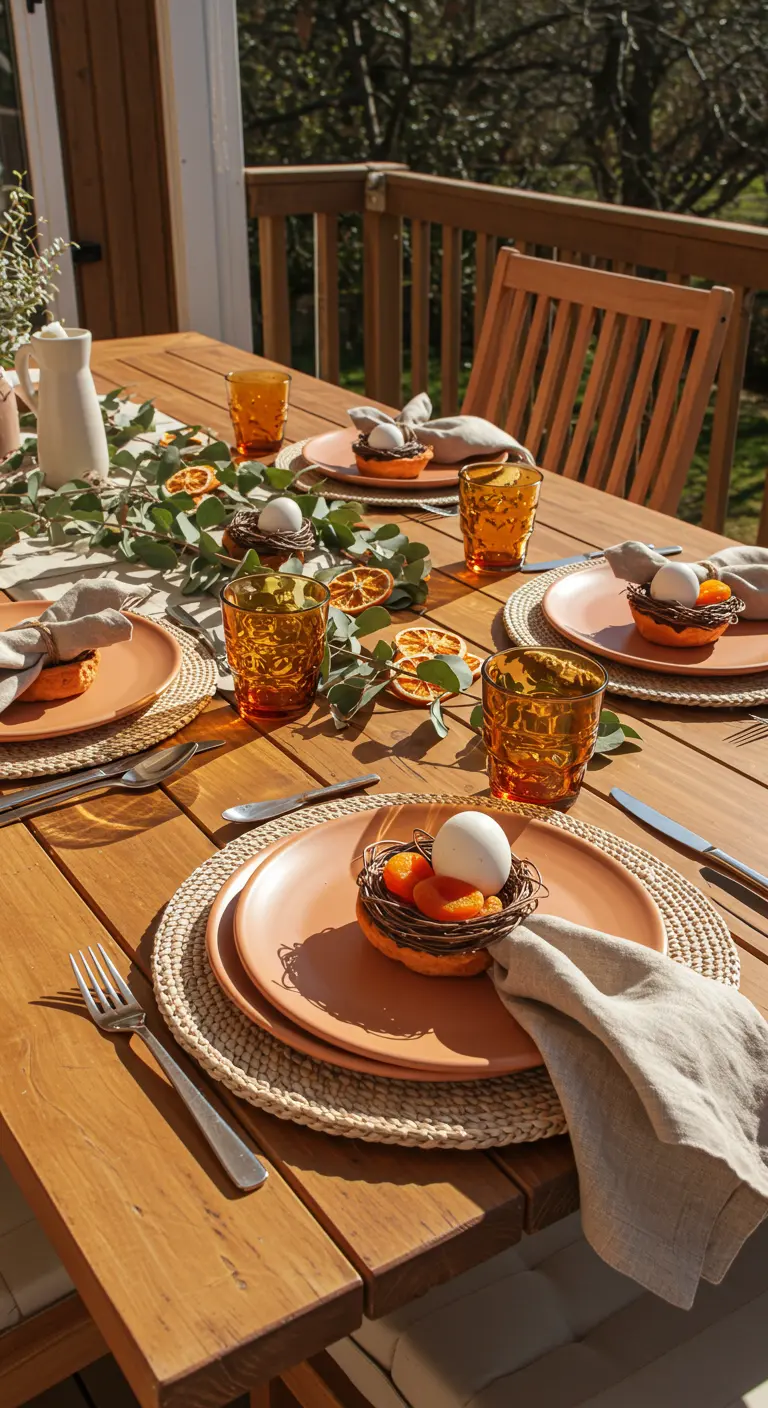 Table de Pâques en extérieur avec des tons terracotta et un chemin de table en eucalyptus.