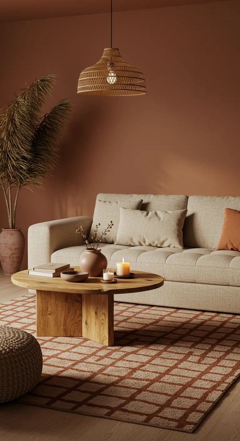 Salon monochrome dans les tons terracotta avec canapé beige, table basse ronde en bois et tapis à carreaux.