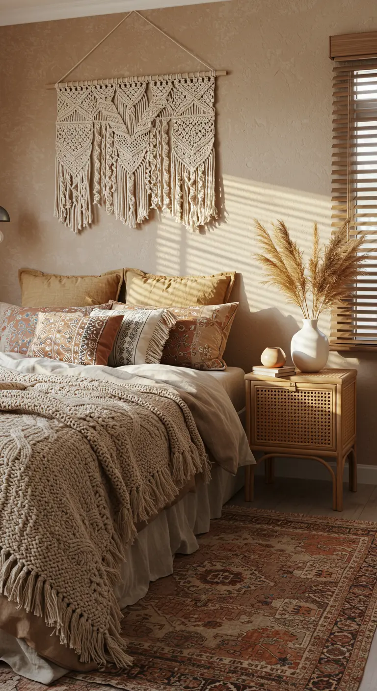 Chambre aux tons terreux avec macramé, coussins imprimés, herbe de pampas et table de chevet en rotin.