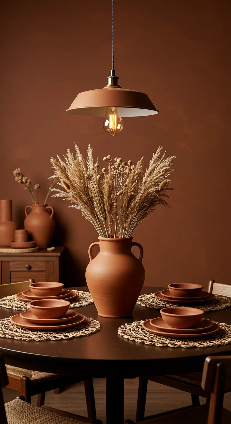 Ambiance monochrome terracotta avec un vase en argile rempli d'herbes séchées.