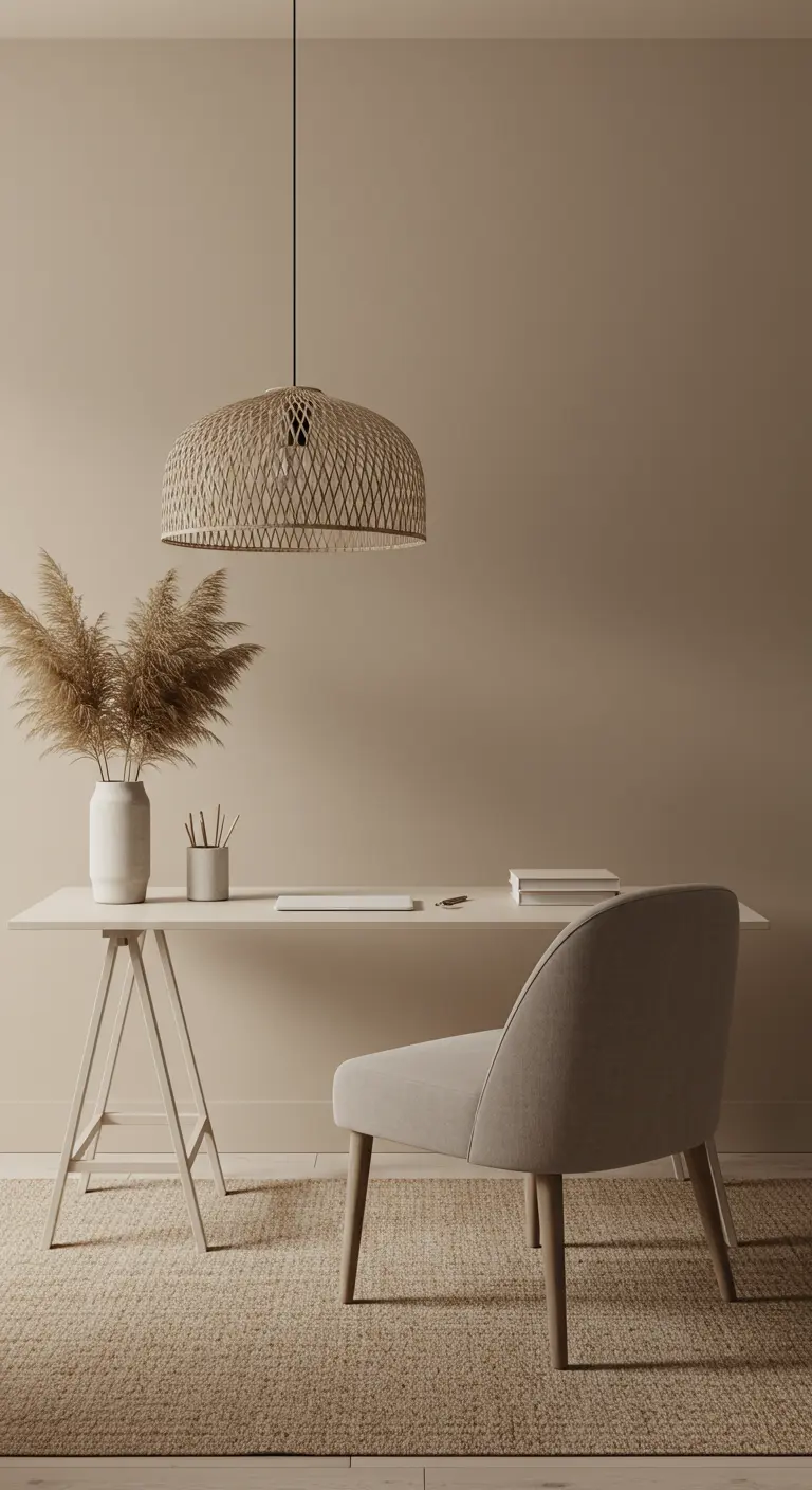 Bureau blanc dans une pièce beige ton sur ton avec suspension en rotin et herbe de la pampa.