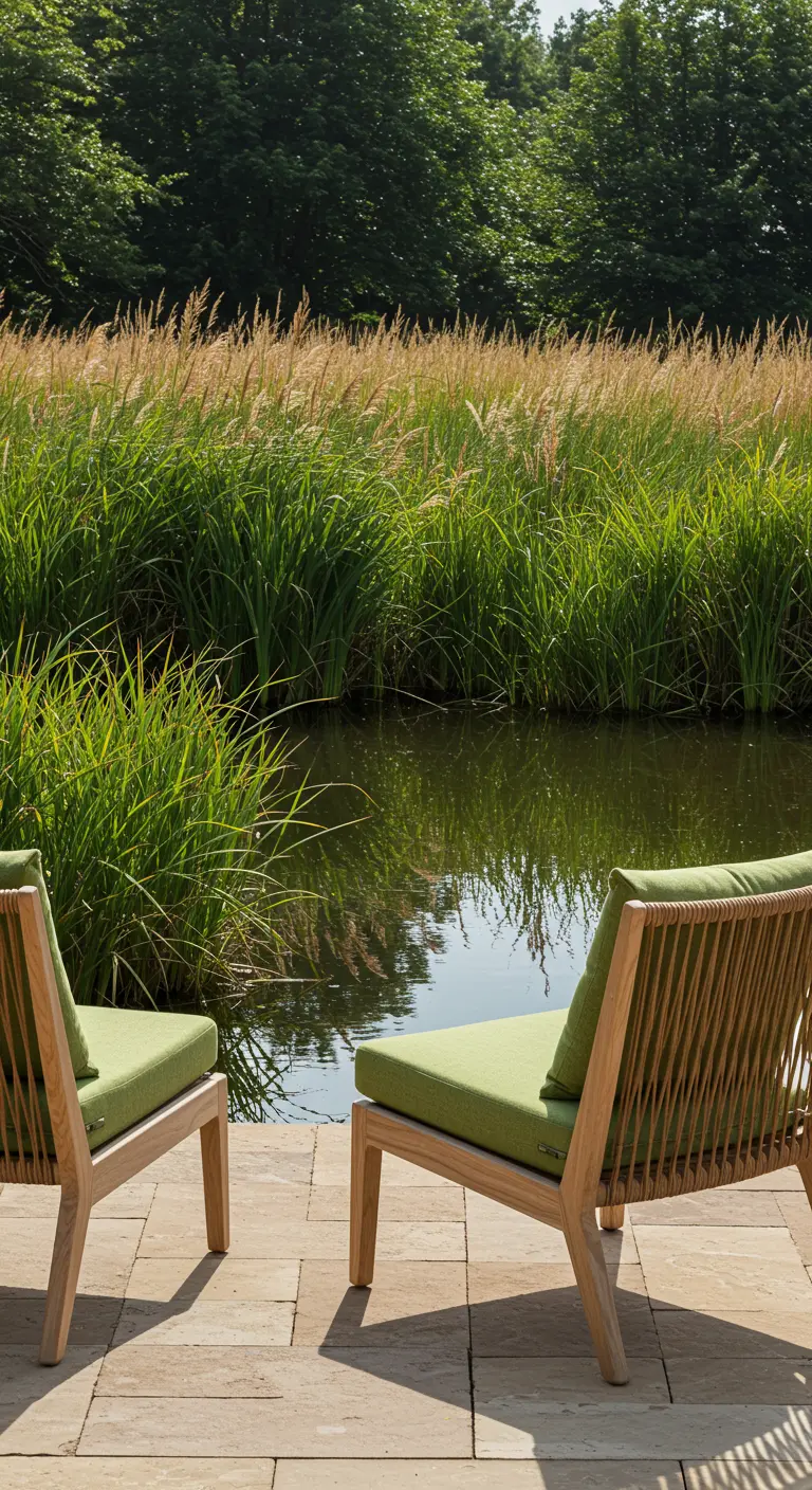 Deux fauteuils en bois clair et corde tressée avec coussins vert olive, placés sur une terrasse en dalles, face à un étang bordé de hautes herbes.