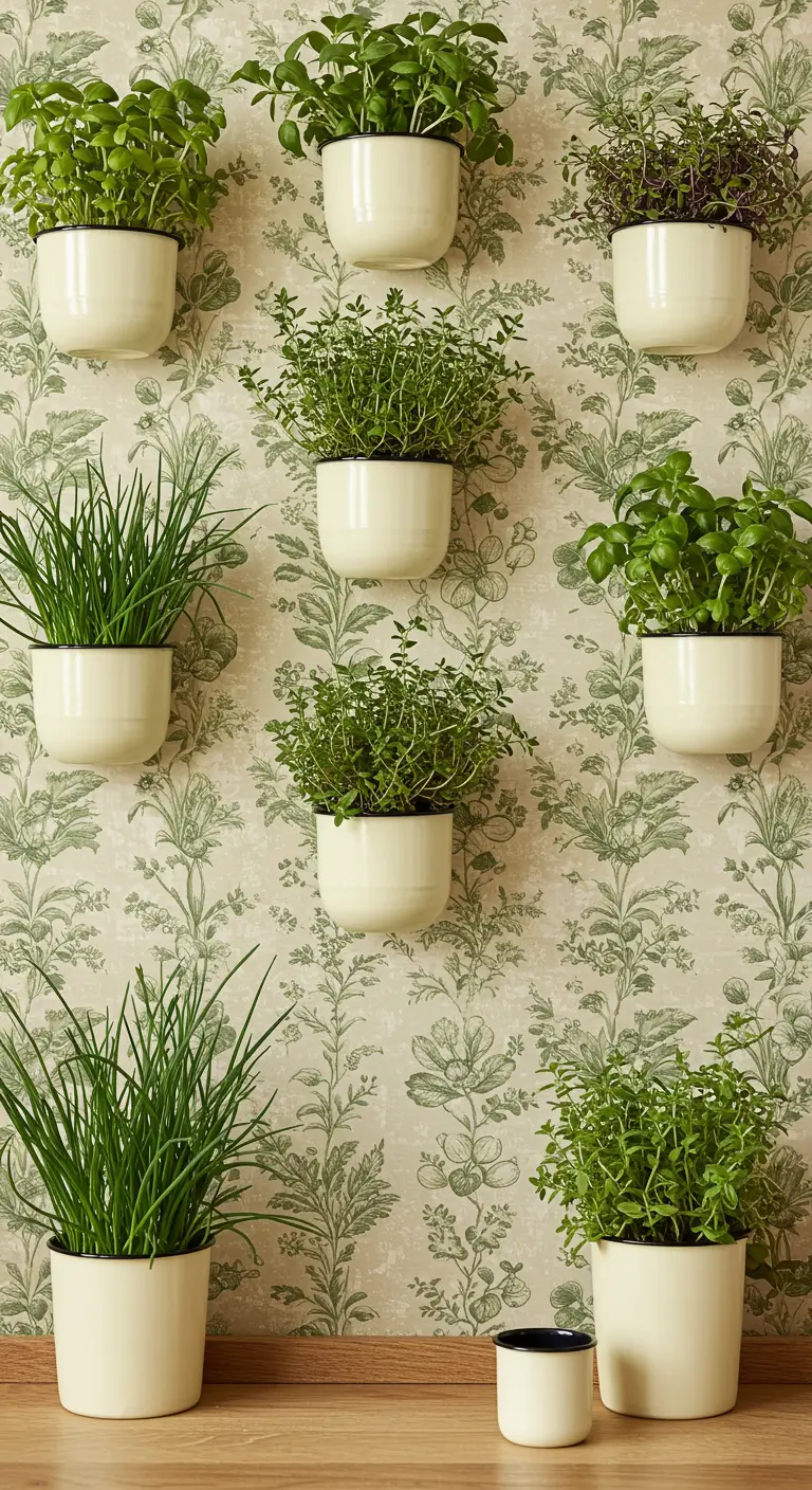 Pots cylindriques blancs avec herbes sur un papier peint à motifs floraux verts.