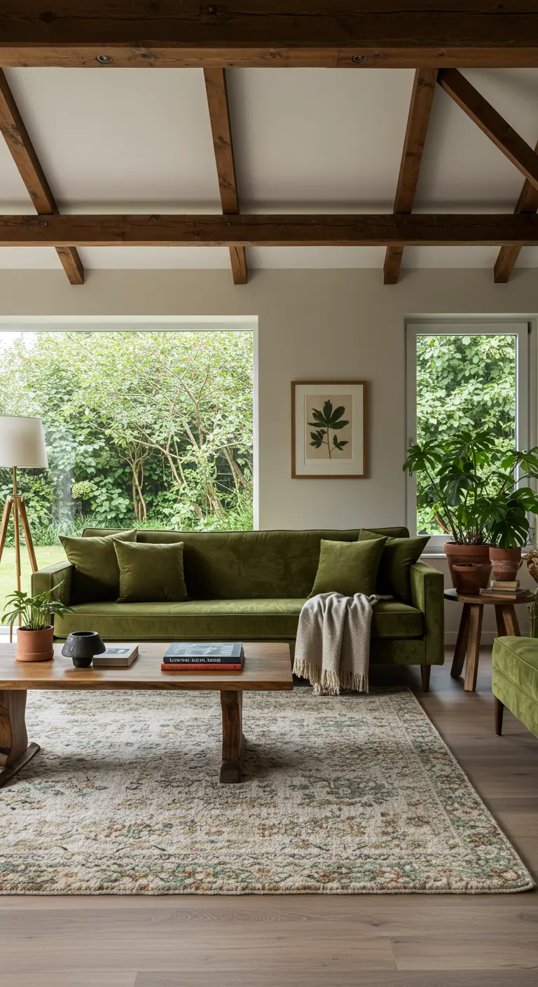 Salon lumineux avec canapé en velours vert olive, grandes fenêtres sur jardin, tapis à motifs et plantes.
