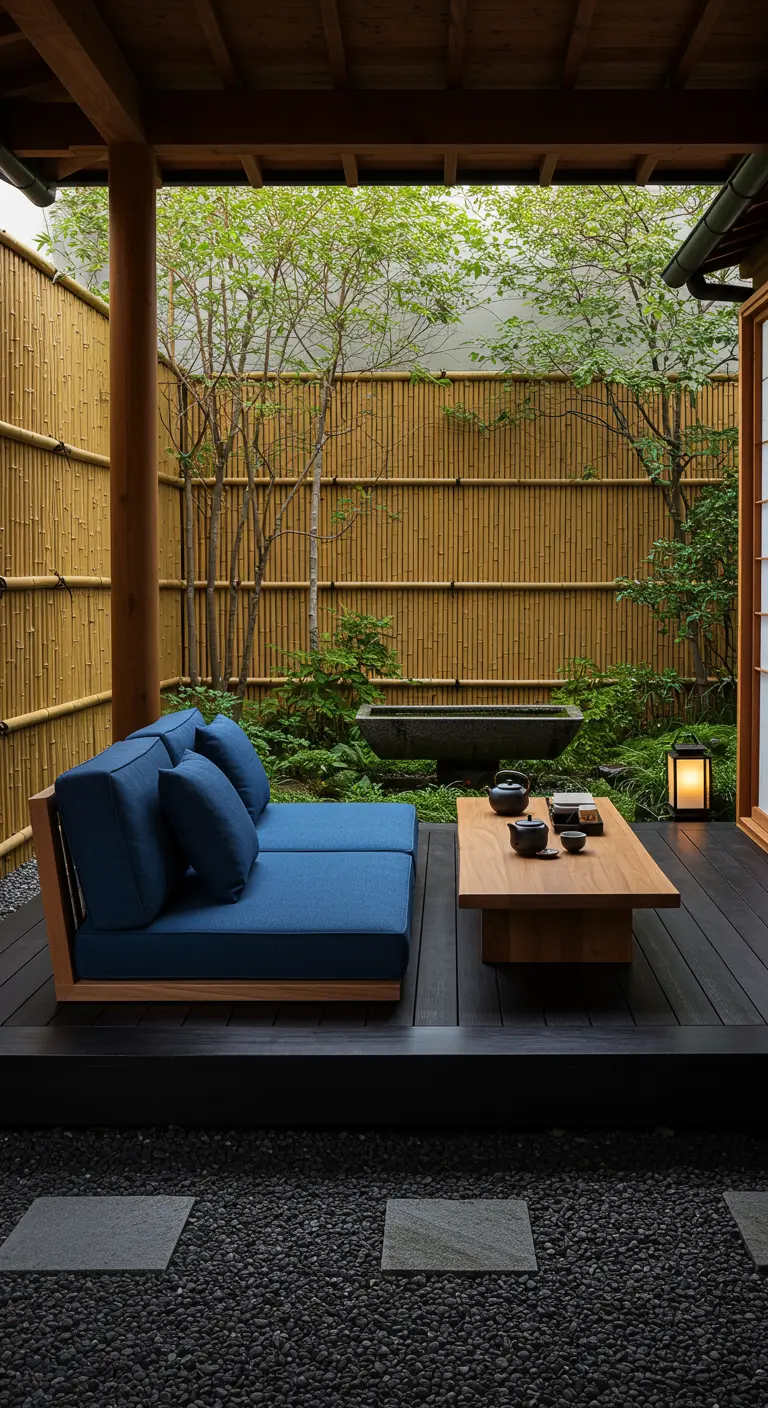 Canapé bas bleu dans une cour intérieure de style japonais avec bambou.
