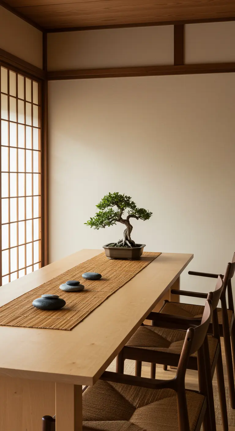 Chemin de table en bambou avec un bonsaï et des galets polis sur une table en bois clair.
