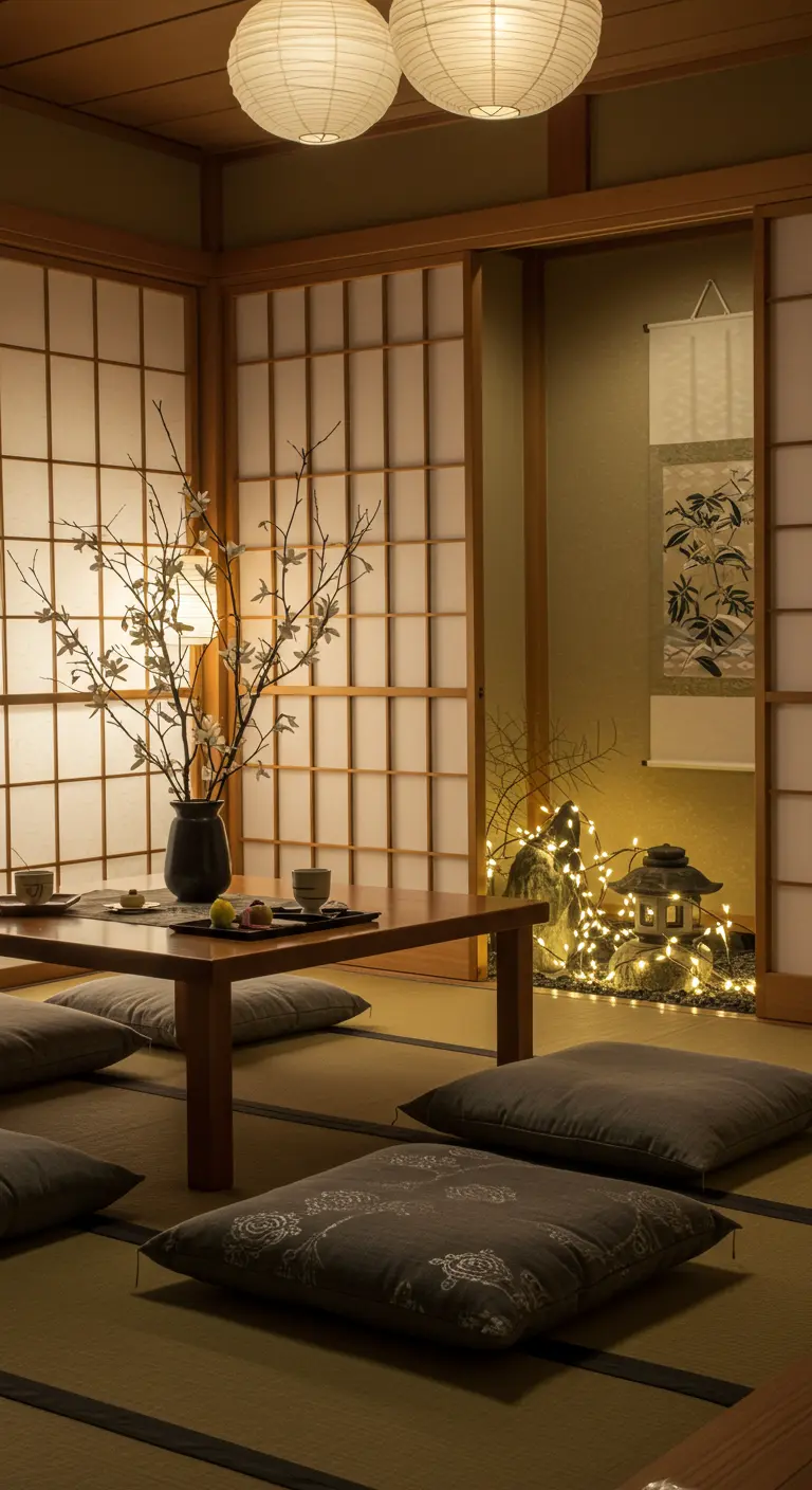 Un salon zen avec des lampions en papier, des coussins de sol et une table basse japonaise.