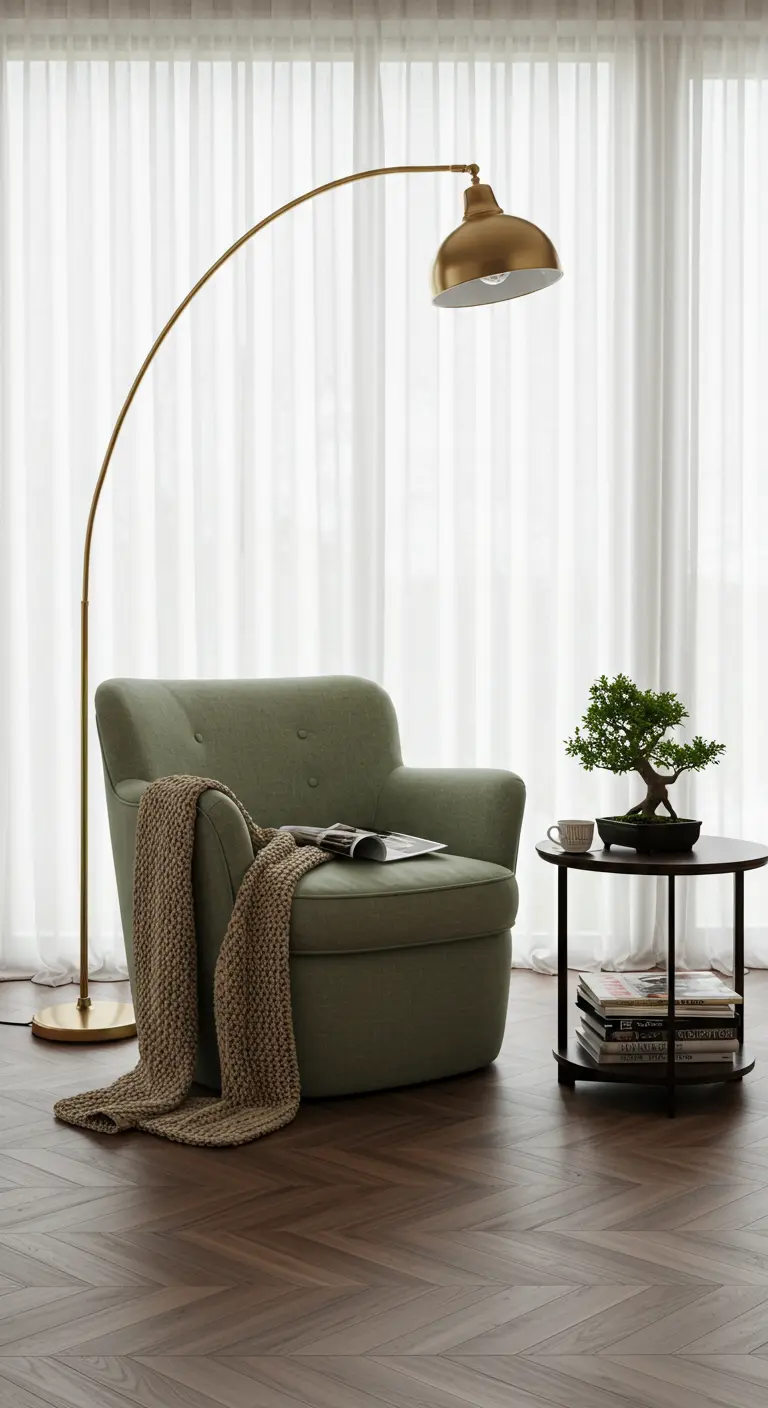 Fauteuil vert olive, plaid, lampe arc laiton, table ronde, bonsaï, rideaux voile.