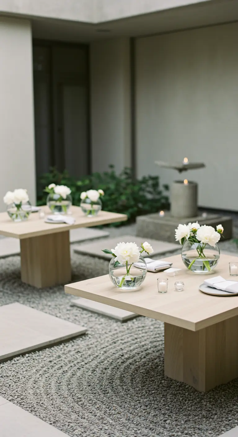 Tables basses en bois clair dans un jardin zen avec pivoines blanches dans des vasques et bougies.