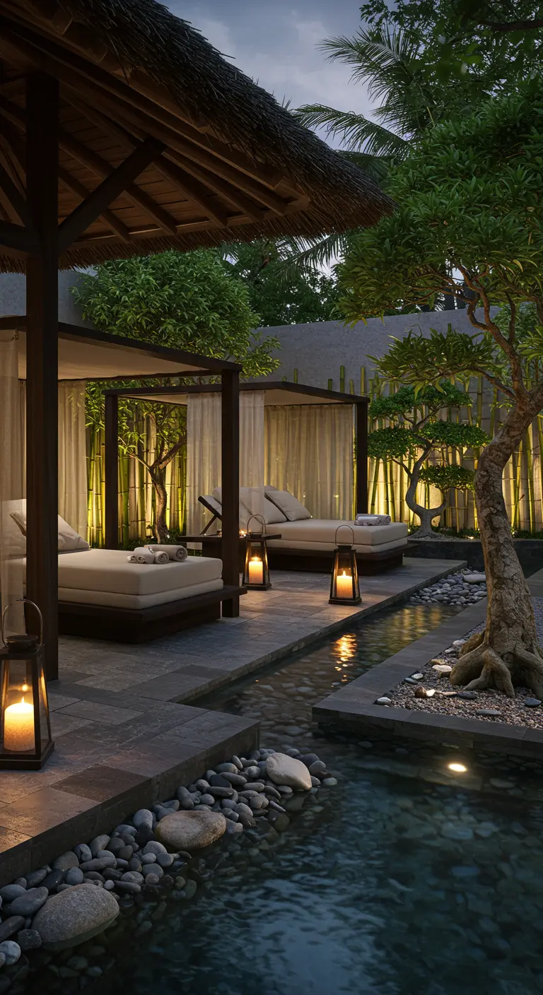 Cabanas zen avec lits de jour, jardin japonais, piscine et lanternes en bois.