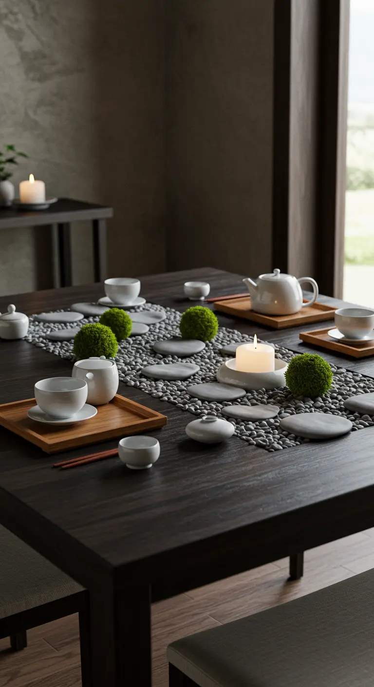 Table en bois foncé avec un chemin de table composé de galets, boules de mousse et bougies.
