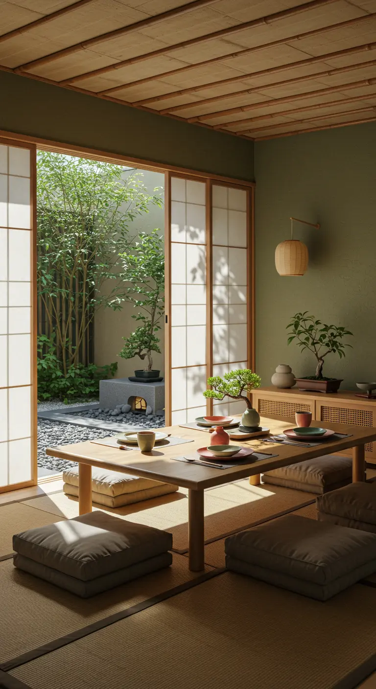 Table basse en bois et coussins de sol dans un intérieur Japandi avec vaisselle minimaliste.