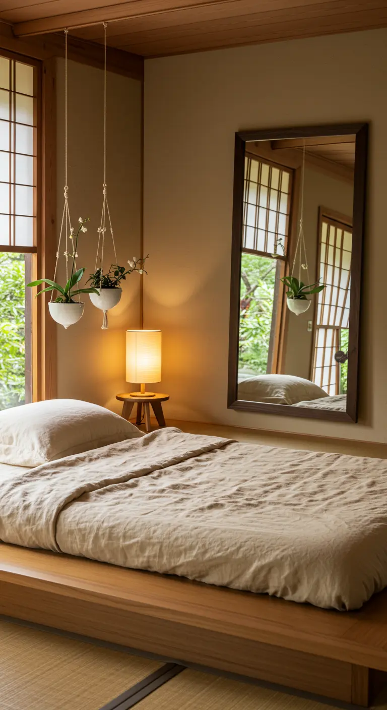 Chambre japandi avec lit bas, lin beige, écrans en bois, grand miroir et deux orchidées suspendues.