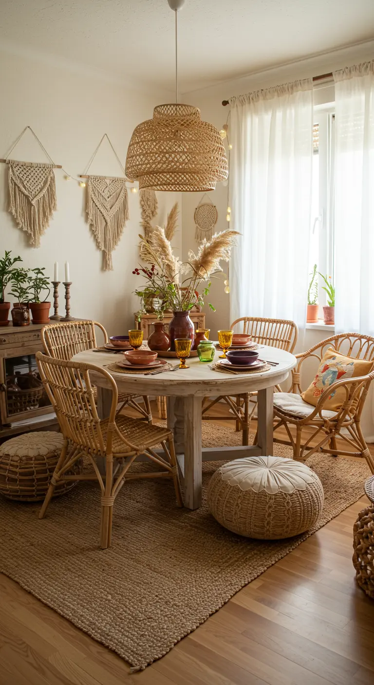 Salle à manger bohème avec table ronde en bois, chaises en rotin et accents colorés.