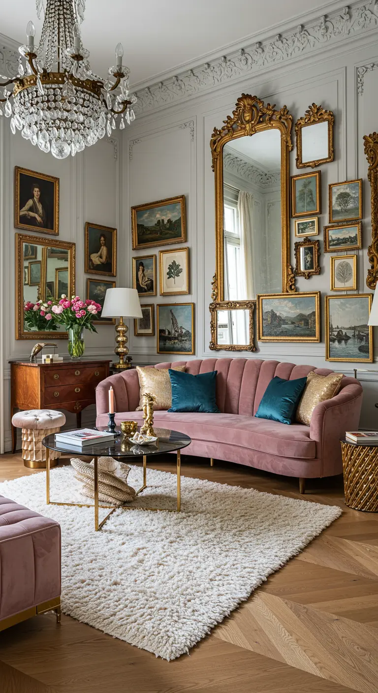 Salon parisien avec moulures, canapé en velours rose, et un mur de miroirs et tableaux dorés.