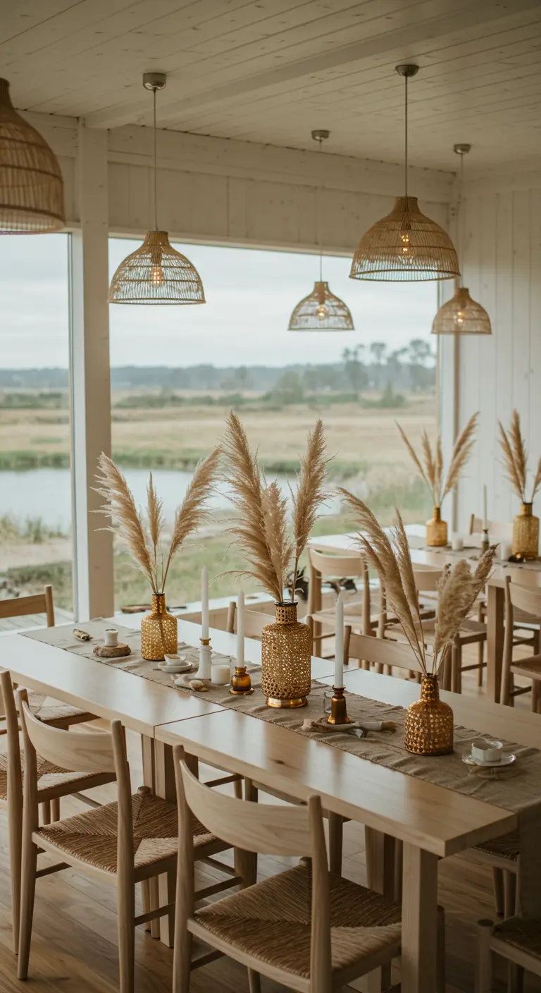 Hauts centres de table dorés ornés de pampas et fleurs séchées, sous de grands lustres.