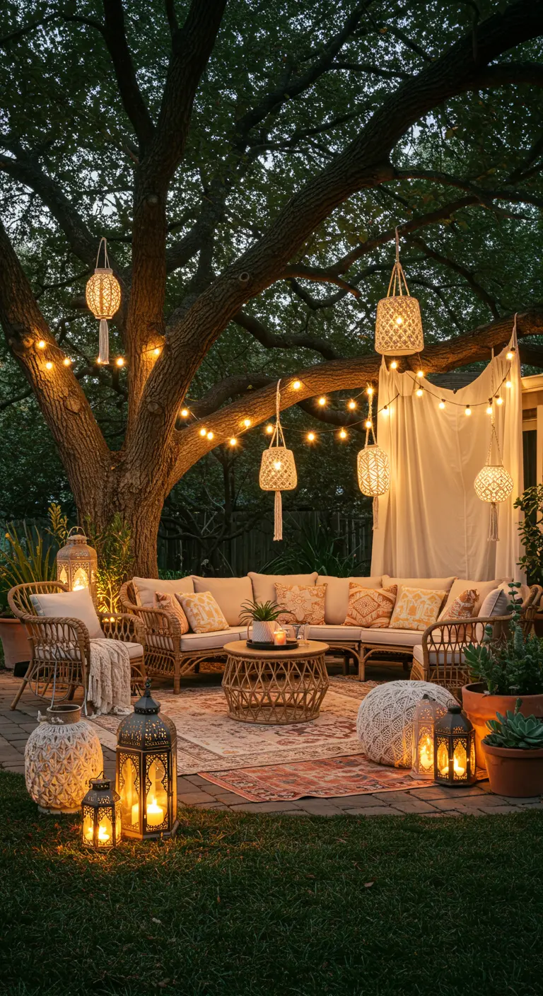 Salon extérieur bohème sous un arbre, guirlandes, suspensions en rotin, lanternes au sol et coussins moelleux.