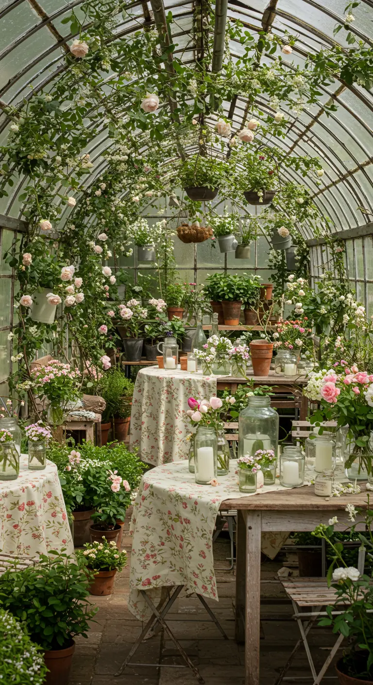 Serre de jardin romantique remplie de plantes grimpantes, roses, pots de fleurs et bougies sur des tables en bois.