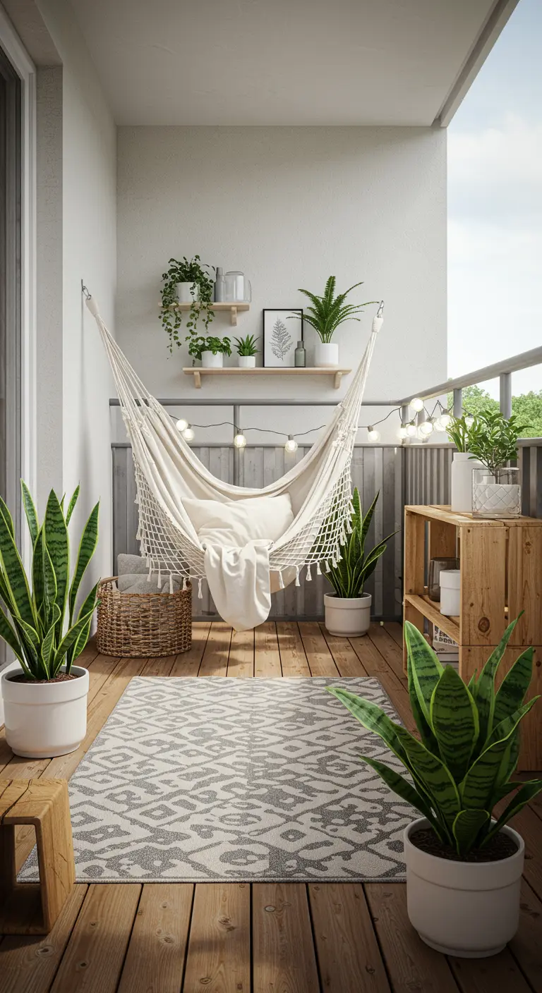 Balcon lumineux avec hamac blanc, plantes serpent dans des pots blancs et étagères murales.