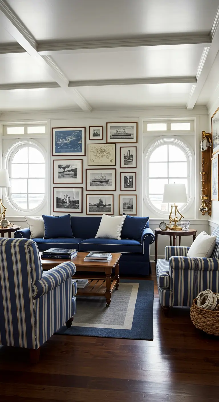 Salon nautique bleu et blanc avec un mur de cadres de navires et de cartes maritimes.