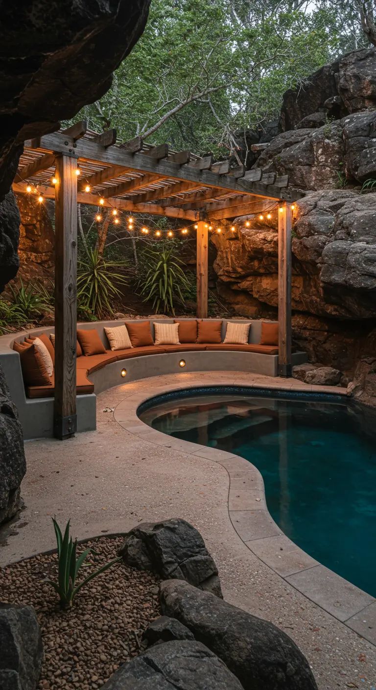 Piscine sinueuse avec lounge intégré sous une pergola en bois éclairée par des guirlandes.