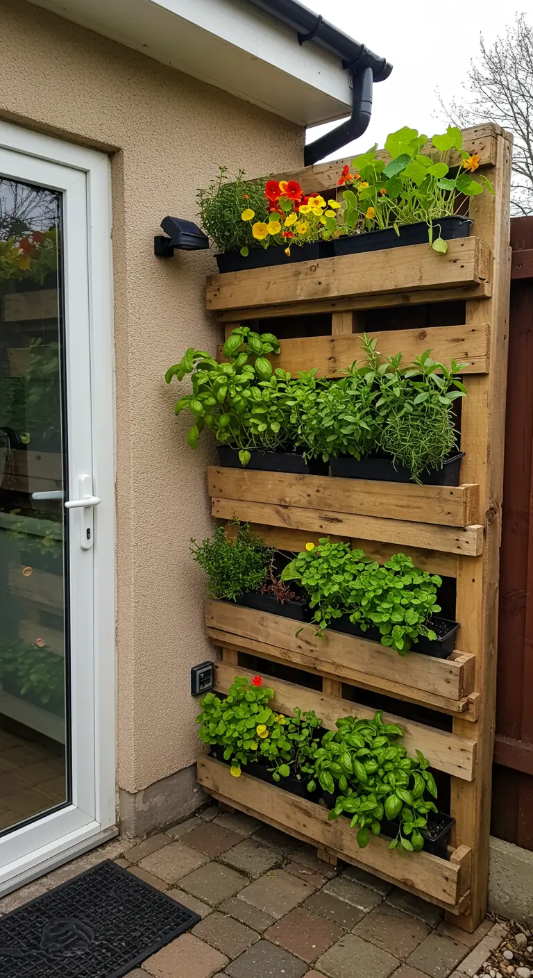 Jardin vertical d'herbes aromatiques sur une palette en bois, près d'une porte extérieure.