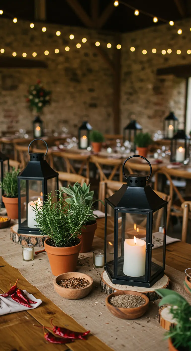 Table rustique avec lanternes noires, herbes en pot et piments séchés.