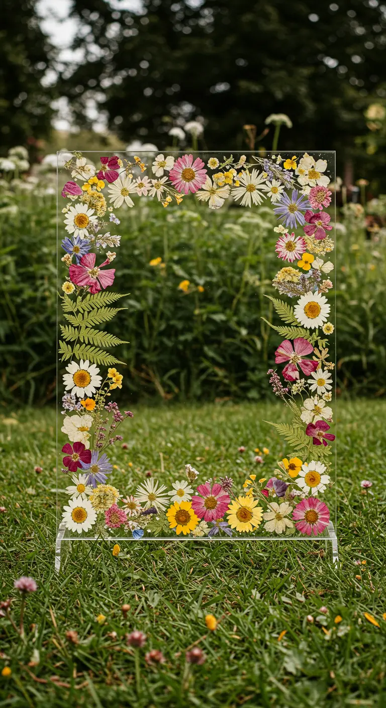 Cadre en acrylique transparent avec des fleurs sauvages pressées à l'intérieur, posé dans l'herbe.