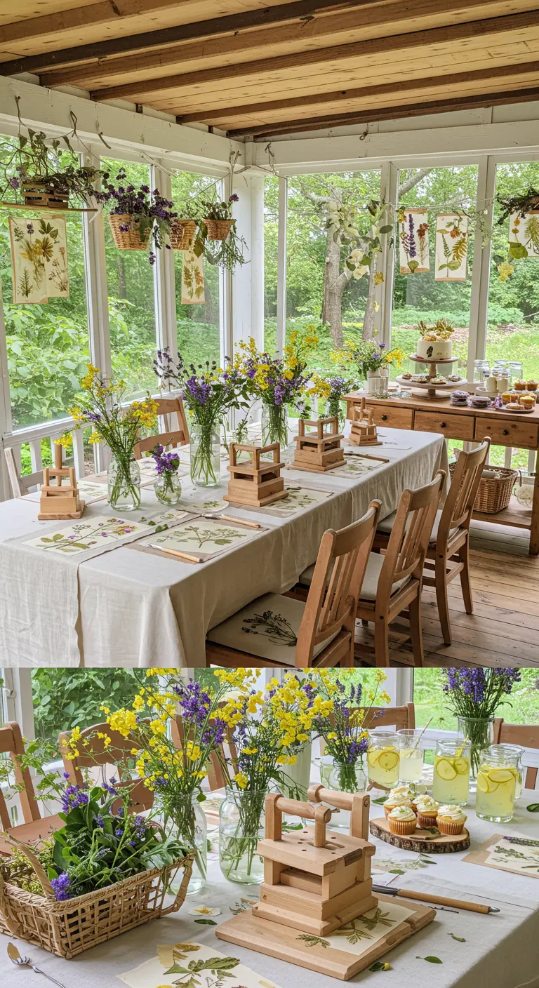 Fête dans une véranda avec table décorée de fleurs, presses à herbes et imprimés botaniques.