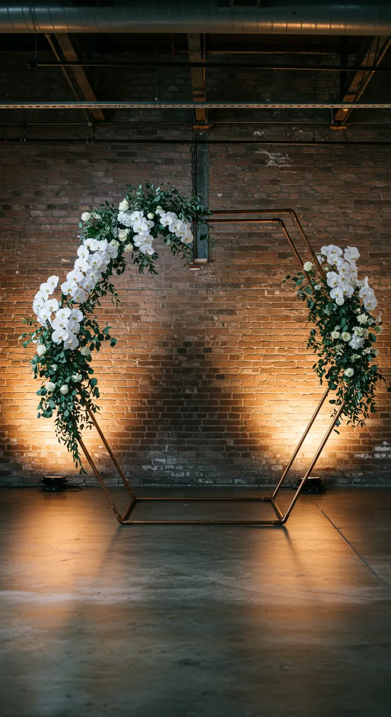 Arche hexagonale en cuivre avec orchidées blanches devant un mur de briques.