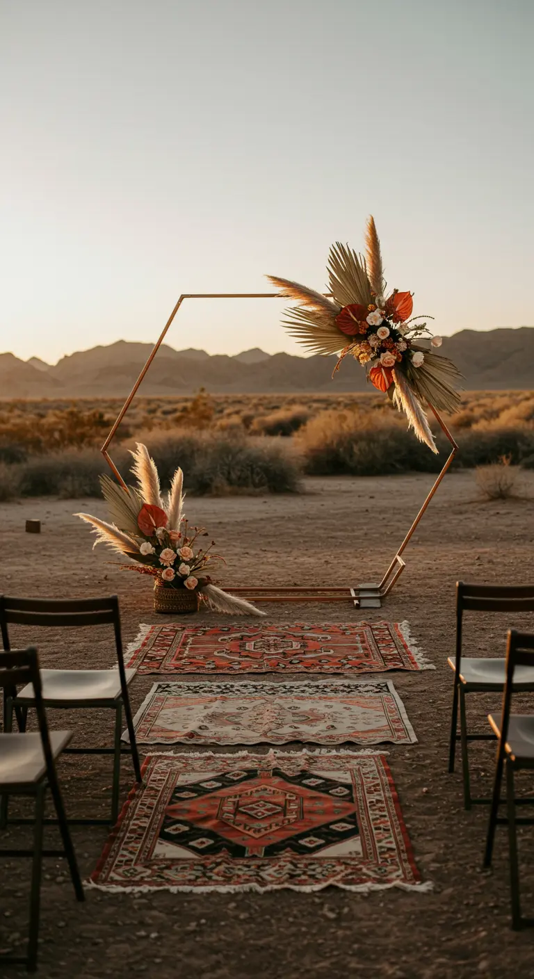 Arche hexagonale cuivrée avec fleurs séchées dans un paysage désertique.