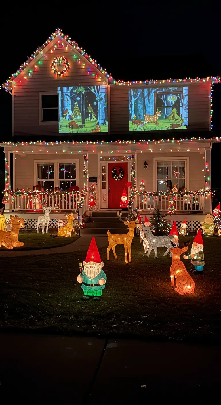 Maison décorée de guirlandes multicolores, de projecteurs animés sur les fenêtres et de gnomes lumineux.