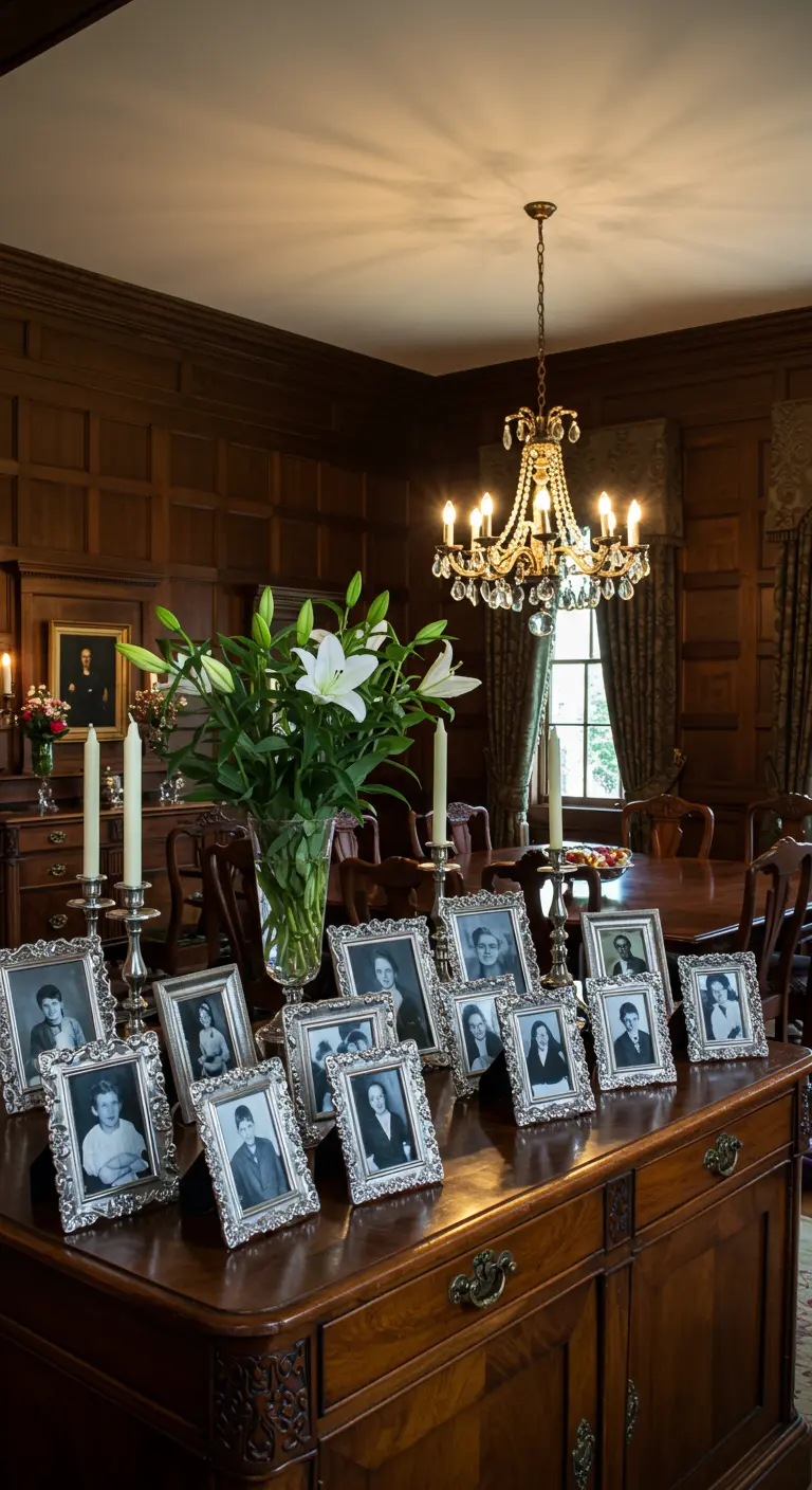 Buffet en bois sombre avec une collection de cadres photos de famille et un vase de lys blancs.