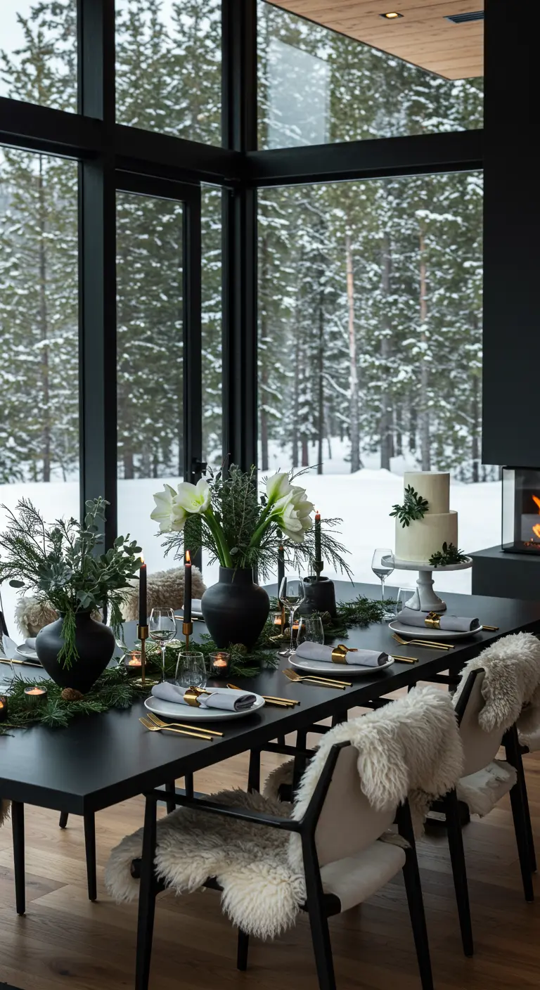 Décor de table hivernal chic avec feuillage vert, fleurs blanches, vases noirs et plaids en fausse fourrure, vue sur la neige.