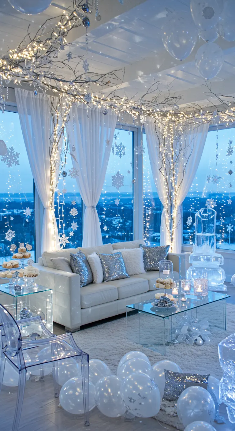 Un salon blanc et argenté avec des flocons de neige suspendus, des guirlandes lumineuses et des ballons.