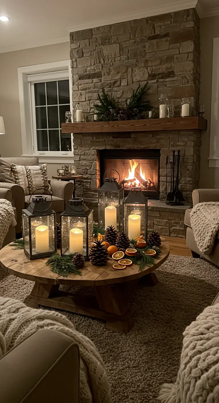 Lanternes avec bougies LED, pommes de pin et agrumes séchés sur une table basse en bois.