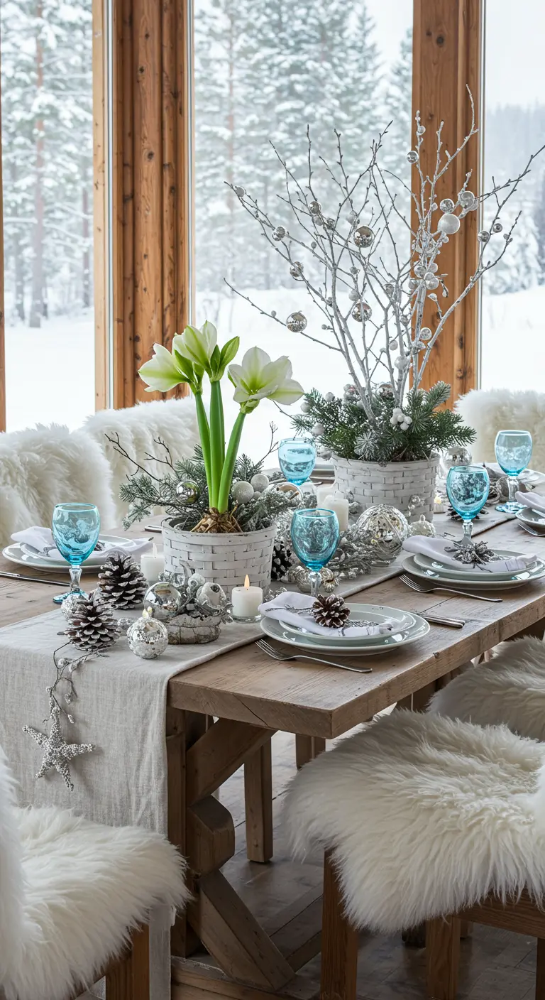 Table d'hiver chic avec chemin de table blanc, amaryllis, boules argentées et verres bleus.