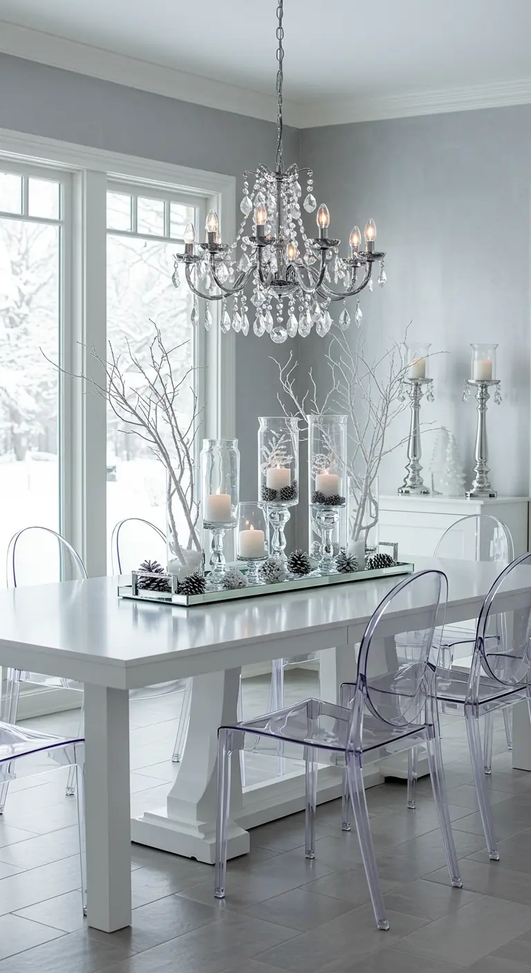 Salle à manger aux tons gris avec un centre de table hivernal de branches blanches, bougies et pommes de pin sur un plateau miroir.