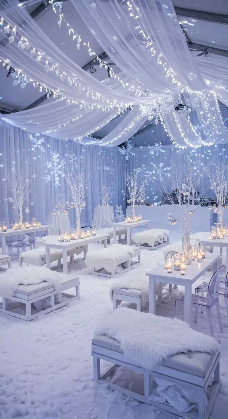 Salle décorée pour l'hiver avec 'neige' au sol, tables blanches, peaux de mouton, guirlandes lumineuses et flocons.