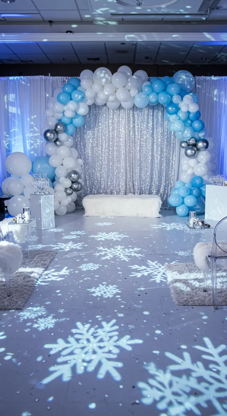 Salle sur le thème de l'hiver avec rideaux scintillants, arche de ballons et projections de flocons.