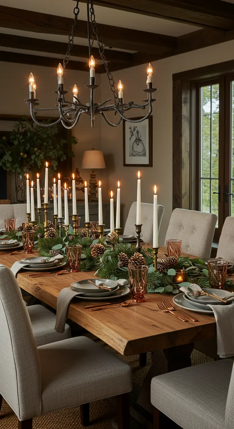 Table en bois rustique décorée d'une guirlande de sapin, de pommes de pin et de nombreuses bougies.