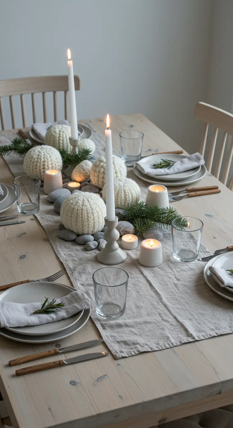 Table d'hiver scandinave avec chemin de lin beige, bougies, citrouilles tricotées et branches de sapin.