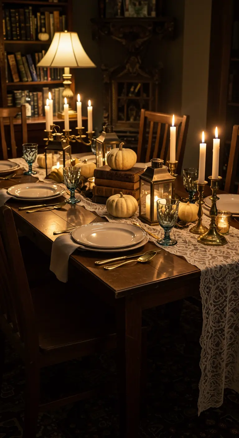 Table en bois cosy avec citrouilles blanches, lanternes, livres, chandeliers dorés et verres bleus.